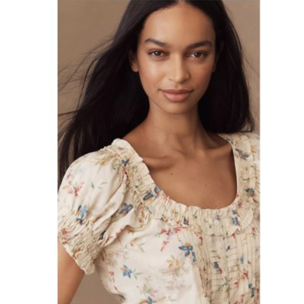 Anthropologie Pilcro Sheer Ruffle Puff-Sleeve Blouse Ivory Floral–Size Small-NWT - Picture 3 of 8